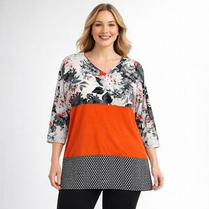 J. Jill Women’s XL Tunic Top Floral Color Block Orange Black Tunic Long Sleeves